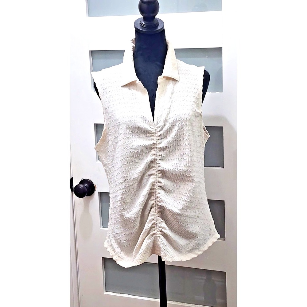 Women's Collared Sleeveless Ruched Top By Sanctuary Ivory  in XL - Picture 13 of 14